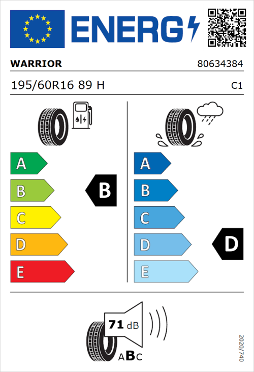 Tyre Label for Warrior Eco-Max 195/60R16 89H