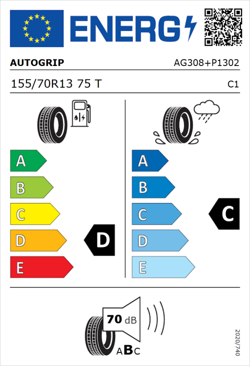 Tyre Label for Autogrip P308 Plus 155/70R13 75T
